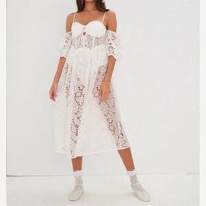 NWT For Love & Lemons Romi Midi Sheer Eyelet Corset Dress in White S